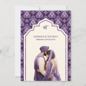 Lila Ivory Ikat Punjabi Anand Karaj Sikh Wedding Einladung (Vorderseite)