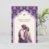 Lila Ivory Ikat Punjabi Anand Karaj Sikh Wedding Einladung (Stehend Vorderseite)