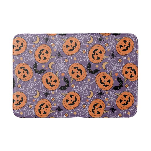 Lila Jack-O-Lantern Halloween-Muster Badematte (Vorderseite)