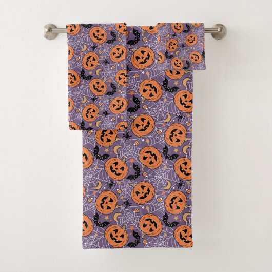Lila Jack-O-Lantern Halloween-Muster Badhandtuch Set (Insitu)