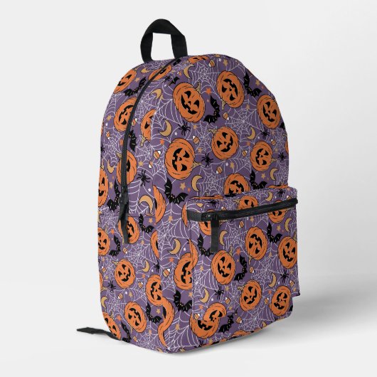 Lila Jack-O-Lantern Halloween-Muster Bedruckter Rucksack (Rückseitige Ecke links)