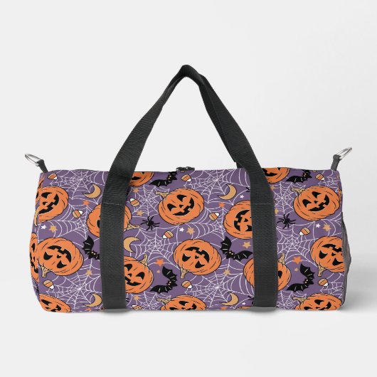 Lila Jack-O-Lantern Halloween-Muster Duffle Bag (Vorderseite)