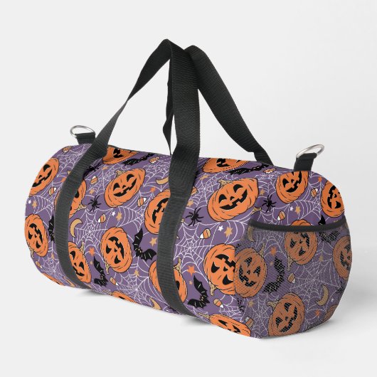 Lila Jack-O-Lantern Halloween-Muster Duffle Bag (Rechte Ecke)