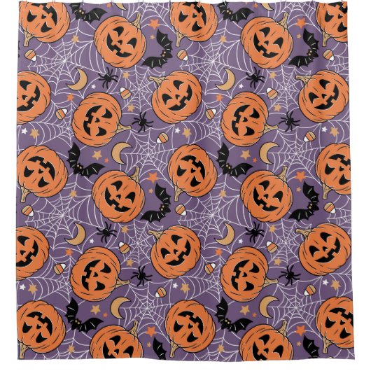 Lila Jack-O-Lantern Halloween-Muster Duschvorhang (Vorderseite)