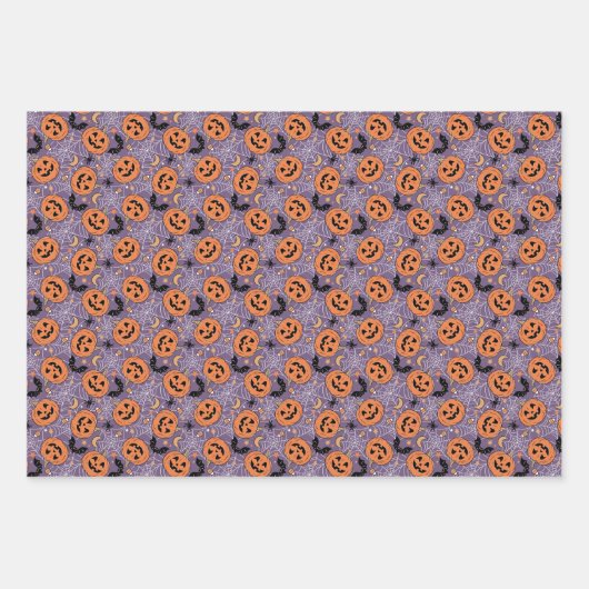 Lila Jack-O-Lantern Halloween-Muster Geschenkpapier Set (Vorderseite 2)