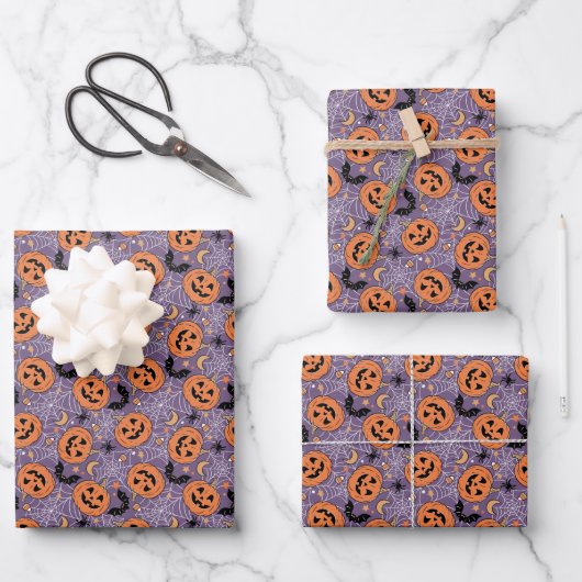 Lila Jack-O-Lantern Halloween-Muster Geschenkpapier Set (Vorderseite)