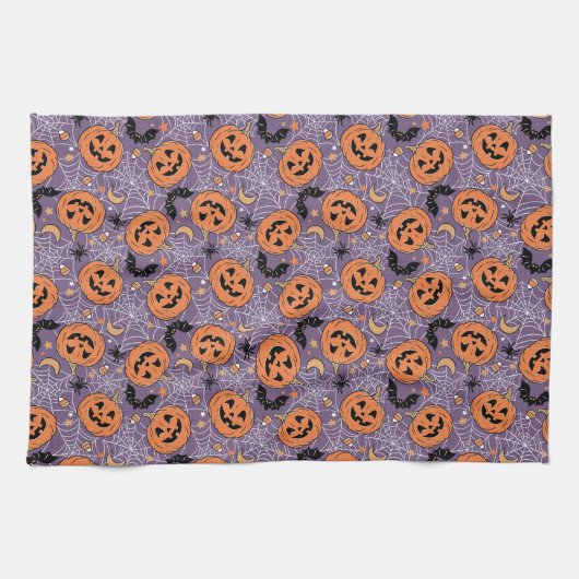 Lila Jack-O-Lantern Halloween-Muster Geschirrtuch (Horizontal)