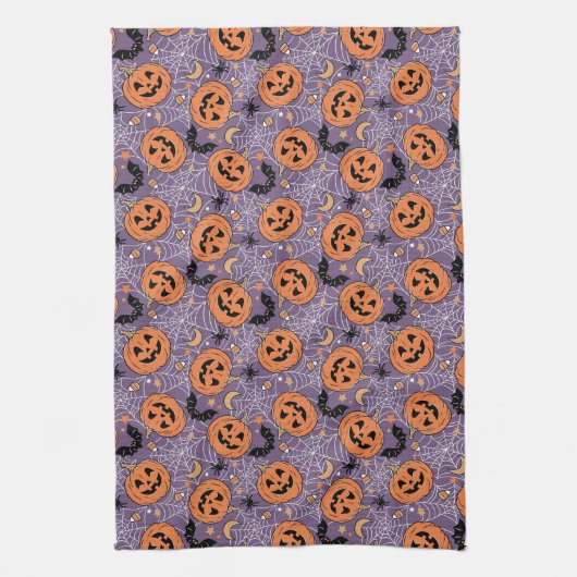 Lila Jack-O-Lantern Halloween-Muster Geschirrtuch (Vertikal)