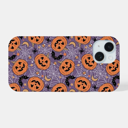 Lila Jack-O-Lantern Halloween-Muster iPhone 15 Hülle (Rückseite (Horizontal))
