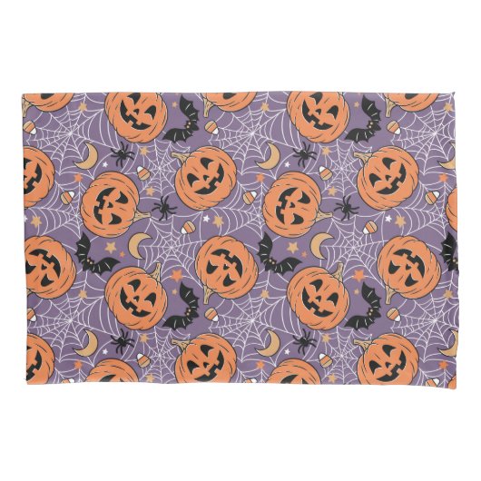 Lila Jack-O-Lantern Halloween-Muster Kissenbezug (Vorderseite)