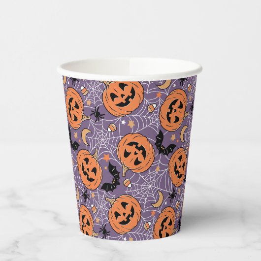 Lila Jack-O-Lantern Halloween-Muster Pappbecher (Links)