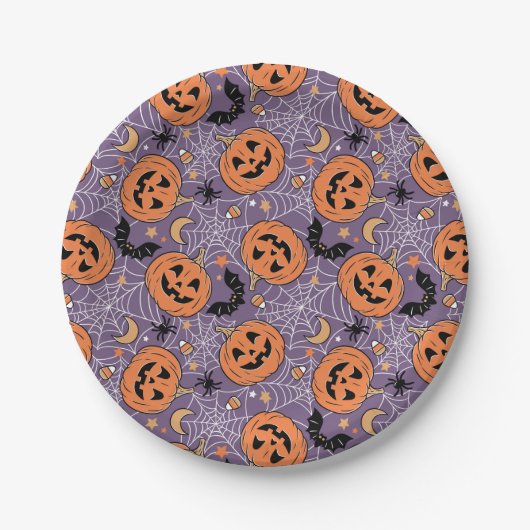 Lila Jack-O-Lantern Halloween-Muster Pappteller (Vorderseite)