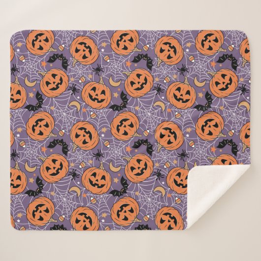 Lila Jack-O-Lantern Halloween-Muster Sherpadecke (Vorderseite (Horizontal))