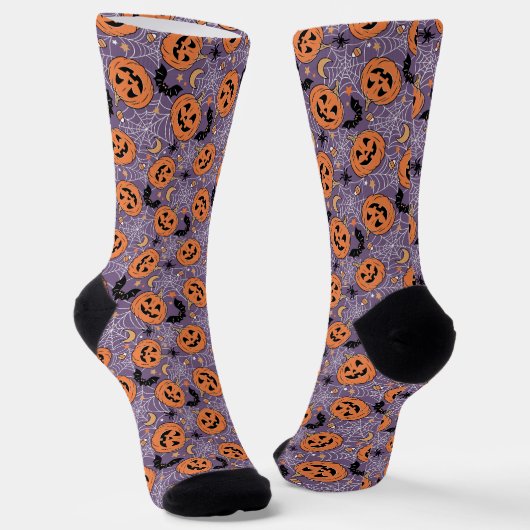 Lila Jack-O-Lantern Halloween-Muster Socken (Gewinkelt)