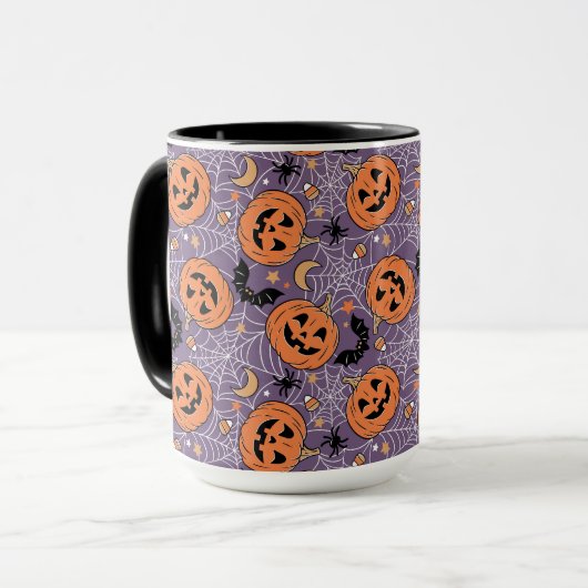 Lila Jack-O-Lantern Halloween-Muster Tasse (Vorderseite Links)