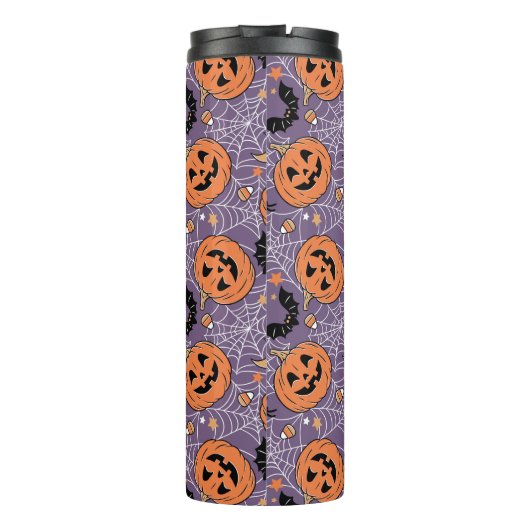 Lila Jack-O-Lantern Halloween-Muster Thermosbecher (Rückseite)