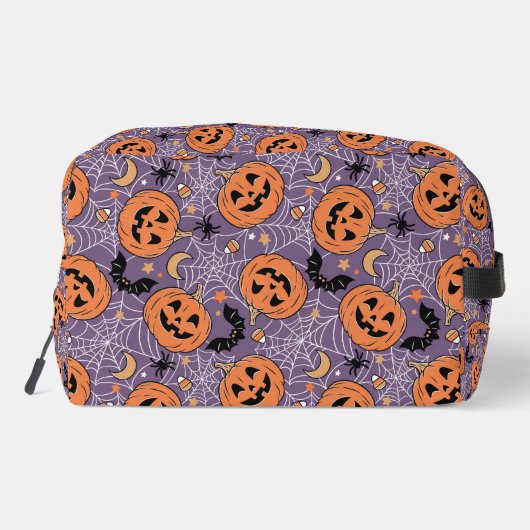 Lila Jack-O-Lantern Halloween-Muster Waschbeutel (Rückseite)