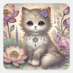 Lila Jewel Lotus Princess Cat Quadratischer Aufkleber