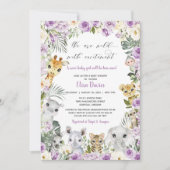 Lila Jungle Floral Wild Animals Girl Babydusche Einladung (Vorderseite)