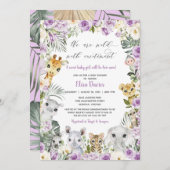 Lila Jungle Floral Wild Animals Girl Babydusche Einladung (Vorne/Hinten)