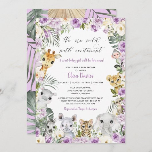Lila Jungle Floral Wild Animals Girl Babydusche Einladung (Vorne/Hinten)