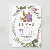 Lila Jungle Safari Tier 1. Geburtstag Einladung (Vorderseite)