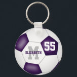 lila Jungs-Mannschaft farbenfroh Schlüsselanhänger<br><div class="desc">Dieser einfache,  sportliche Fußball-Schlüsselanhänger für Jungen und Mädchen verfügt über einen klassischen Fußballball mit lila und weißen Tafeln - individuell nach Spielernamen,  Monogramm oder Varsity Letter und Jersey-Nummer - von katz_d_zynes</div>