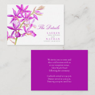 Lila Juwel-Orchideen-Hochzeit praktische Details Begleitkarte