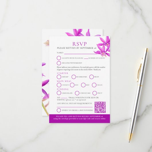 Lila Juwelenorchideenhochzeit RSVP QR (Vorderseite/Rückseite Beispiel)