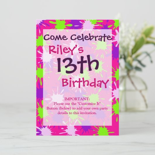 Lila kalkgrüne Spritzer Splotter Einladung (Stehend Vorderseite)