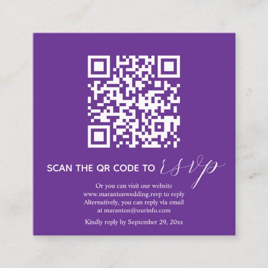 Lila Kalligraphie QR Code UAWG Hochzeit Begleitkarte (Vorderseite)