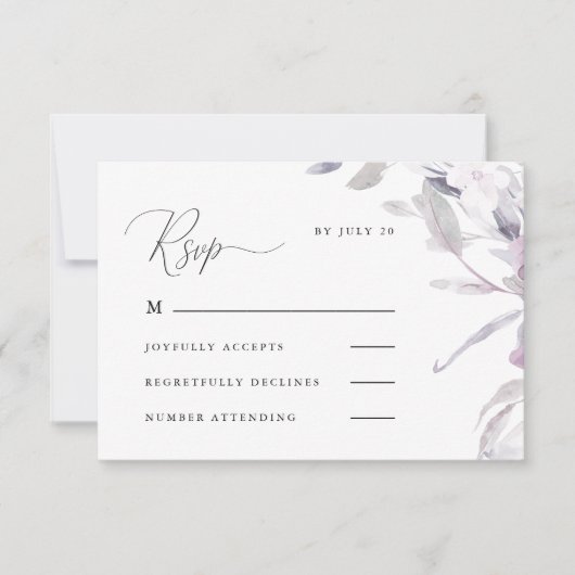 Lila Kalligraphie und blumengeschmückte UAwg RSVP Karte (Vorderseite)