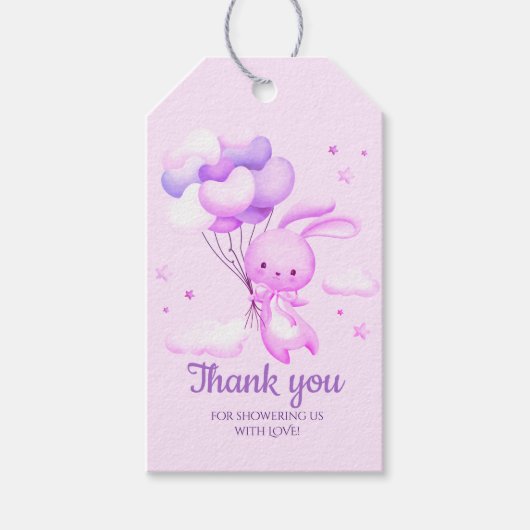 Lila Kaninchen Babydusche Danke Geschenkanhänger (Vorderseite)