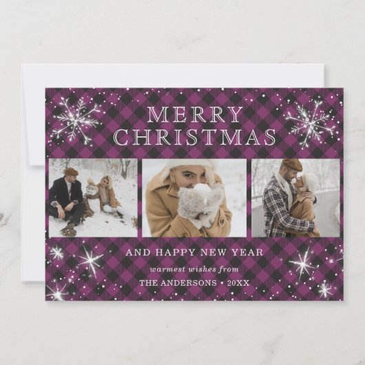 Lila Karierte Snowflake FotoCollage Feiertagskarte (Vorderseite)