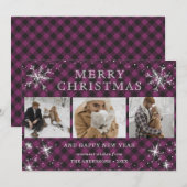 Lila Karierte Snowflake FotoCollage Feiertagskarte (Vorne/Hinten)