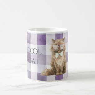 Lila Karierte Streifen Braune Coole Katzenbrille   Kaffeetasse