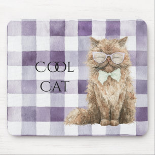 Lila Karierte Streifen Braune Coole Katzenbrille   Mousepad