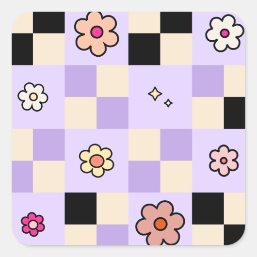 Lila karierter Karo für Retro-Blume Quadratischer Aufkleber (Vorderseite)