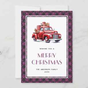 Lila Karierter Retro Roter LKW Frohe Weihnachtskar Feiertagskarte