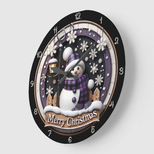 Lila Karierter Snowman Frohe Weihnachten Große Wanduhr (Winkel)