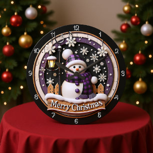Lila Karierter Snowman Frohe Weihnachten Große Wanduhr