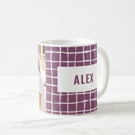 Lila Karo mit mehreren Fotos, modern minimal Kaffeetasse (VorderseiteRechts)