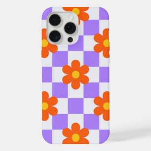 Lila Karo-Muster mit orangefarbener Hippie-Blume iPhone 15 Pro Max Hülle