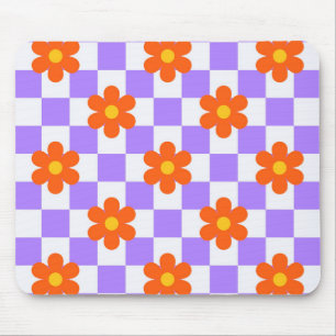 Lila Karo-Muster mit orangefarbener Hippie-Blume Mousepad