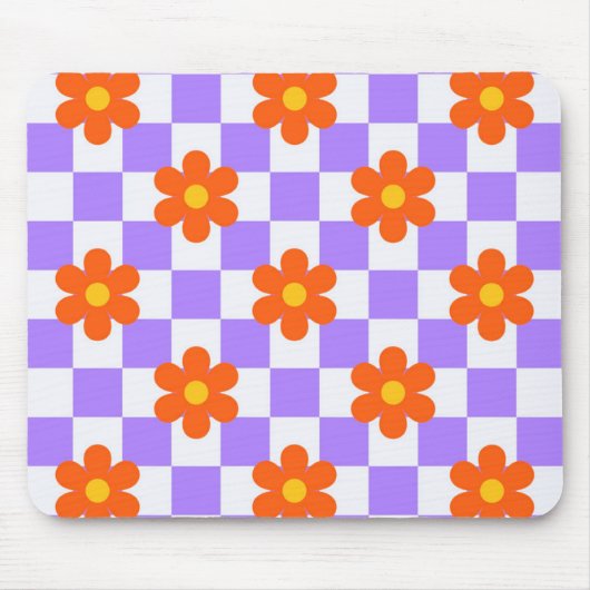 Lila Karo-Muster mit orangefarbener Hippie-Blume Mousepad (Vorne)