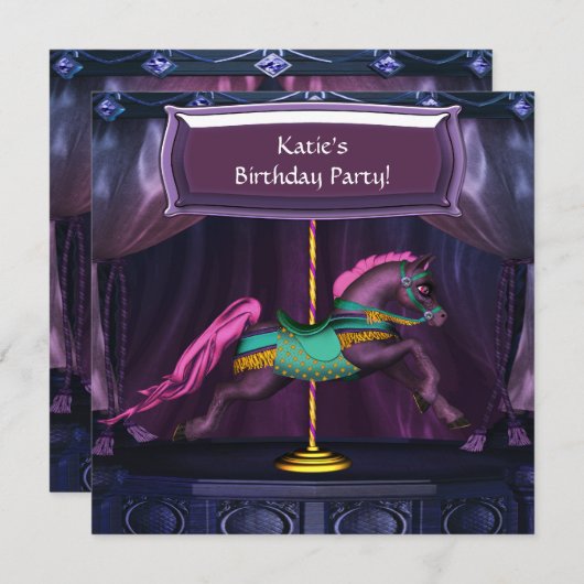 Lila Karussellpferd Einladung (Vorne/Hinten)