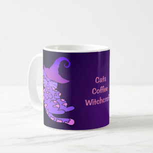 Lila Kätzchen mit Hexenhüten und Sternen Kaffeetasse