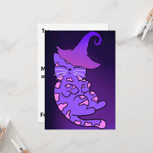Lila Kätzchen mit Hexenhüten und Sternen Karte (Vorderseite/Rückseite Beispiel)