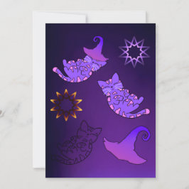 Lila Kätzchen mit Hexenhüten und Sternen Karte