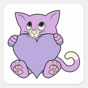 Lila Katze am Valentinstag mit Lila Herz Quadratischer Aufkleber